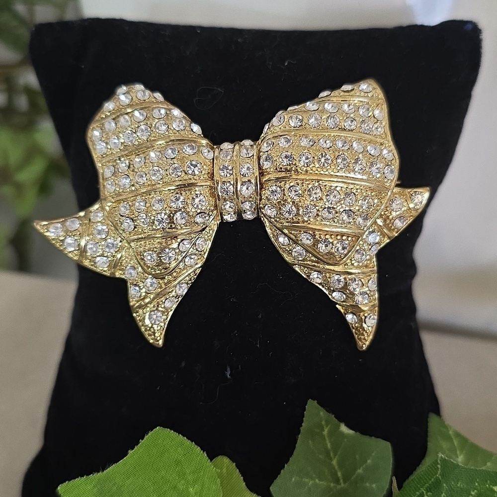 Gold With Clear CZ Bow Shape Brooch Pib